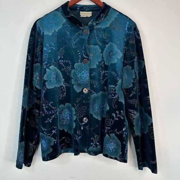 Coldwater Creek Teal Velvet Glittery Floral Button Front Cardigan Womens Medium - Picture 1 of 8